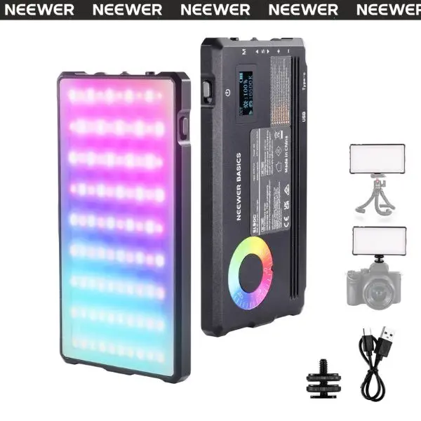 NEEWER SL90C RGB Video Light Kit, 8W Portable LED Camera Light with 2700K-7500K Adjustable Color, HSI & FX Modes, Battery Powered for Vlog, Live Streaming & Photography