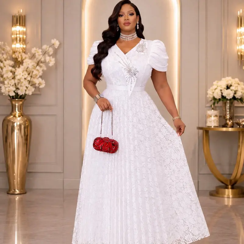 Women’s Elegant Lace Puff-Sleeve Maxi Gown, Rhinestone-Detailed Formal Evening Dress