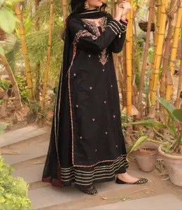 Omal by Komal – Semi Formal Black Embroidered Shirt and Dupatta