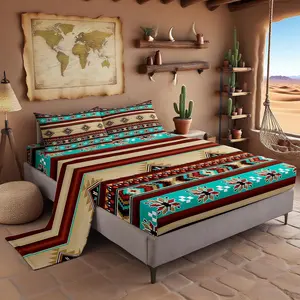 Aztec Geometric Kids Sheet,Southwest Tribal Ethnic Boho Bedding Set,Rustic Farmhouse Bohemian Boys Girls Room Decor,Teal Red Brown Sheet(Fitted+ Flat Sheet)