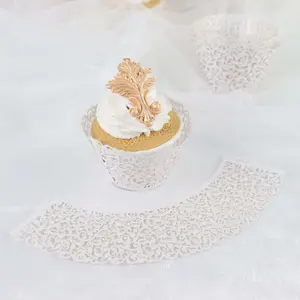 25-Pack Paper Cupcake Wrappers White Lace Laser Cut Design - Muffin Baking Cup Trays for Events