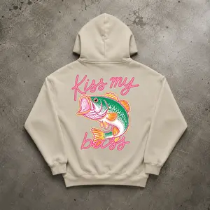 Preppy Kiss My Bass Fish Hoodie Trendy Black - Funny Fishing Neon Pink Graphic Pullover Sweatshirt - Cute Aesthetic Fisherman Oversized Hooded