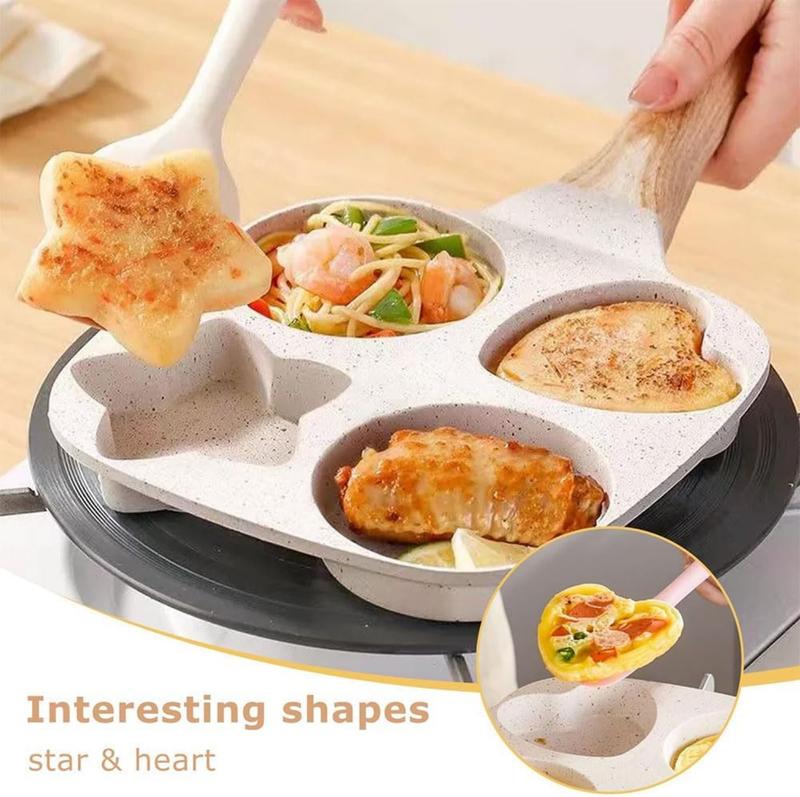 Non-stick Hole Design Egg Frying Pan, 4 Hole Skillet with Handle, Small Egg Fry Pan 4-in-1 Divided Grill Pan, Wooden Handle Stone Omelet Non-stick Cookware, Breakfast Pancake Pan, Kitchen Gadgets for Gas and Induction Cooktops gas stove