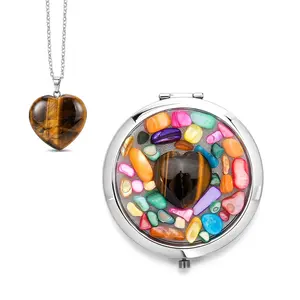 Livmore Brown Cosmetic Gemstone Mirror with Matching Tigers Eye Heart Necklace 20 Inches in Silvertone