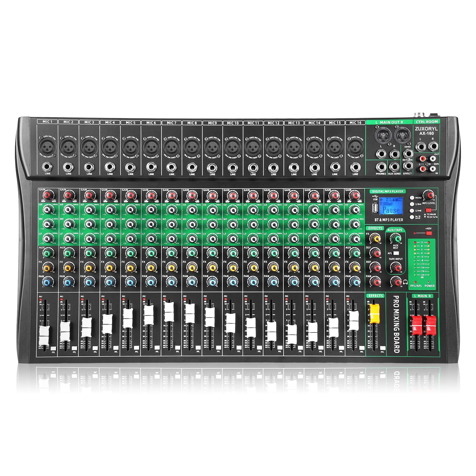 16-Channel Professional Compact Analog Mini Mixer Amplifier - 48V Phantom Power, Wireless Bluetooth Playback, MP3/USB Sound Card Interface, Mobile LCD Digital DJ Console, Reducing Background Noise for Content Creators & DJs