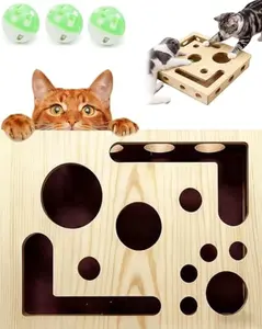 Cat Scratch Puzzle Enrichment Box Nail File Stress Free Alternative to Clippers and Grinders, Wooden Cat Nail File Scratcher Felines Files Claws Maze Box, Puzzle Enrichment Toy with Bell Ball(2pcs)