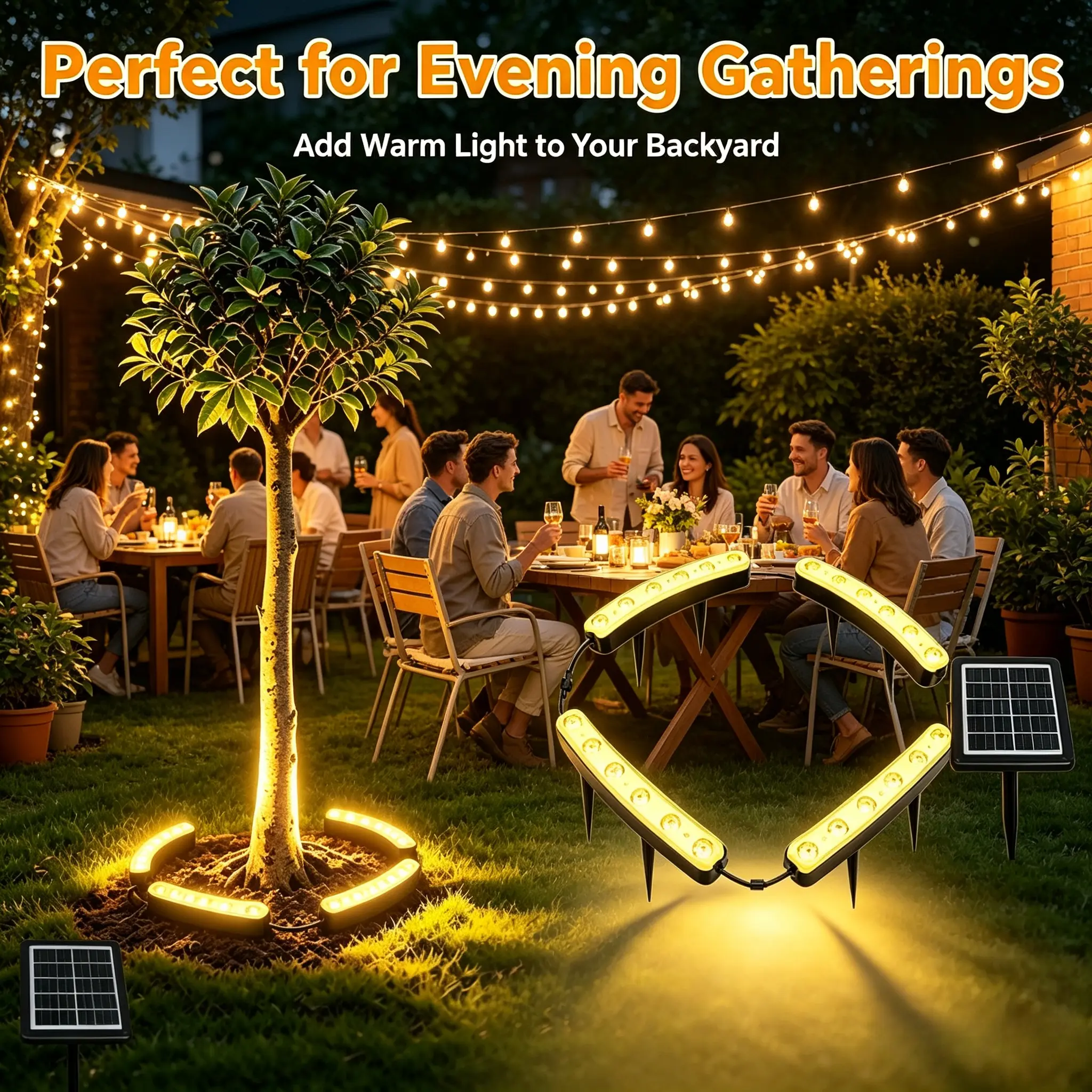 Warm solar landscape lighting creating backyard evening atmosphere