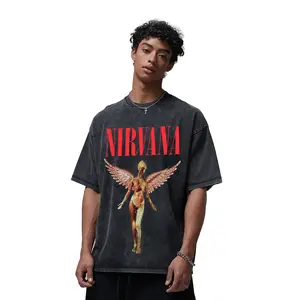 Menswear Nirvana Vintage Washed Round Neck T-Shirt - In Utero Album Front Print, Thick Ribbed Fabric Grunge Rock Streetwear, Unisex Oversized Acid Wash Cotton Tee