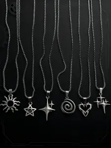 6 Piece Set Y2K Flame Heart Star Spiral Sun Pendant Necklace, Stainless Steel Chain, Punk Simple Unisex Couple Jewelry for Daily Party, Fashionable Jewelry Accessories