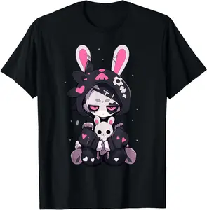 100% Cotton Goth Bunny Anime Girl Cute E-Girl Gothic Outfit Grunge T-Shirt