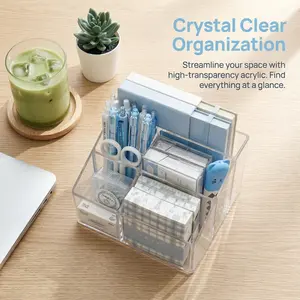 1piece  large-capacity plastic storage box with 5 compartments, a small pen holder cabinet, and a transparent, multi-compartment desktop organizer. Ideal for use at home, in the office, for organizing stationery, jewelry, and cosmetics.