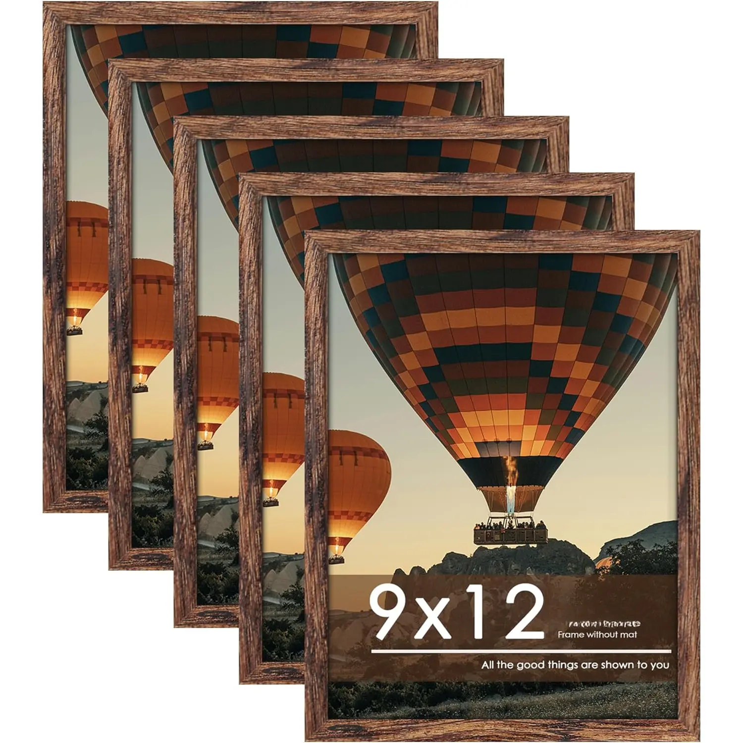 Classic Brown MDF Photo Frame 5-Pack, 9x12 in Hanging Frame for Horizontal-Vertical Wall Mounting, Ideal for Artwork & Home Decor
