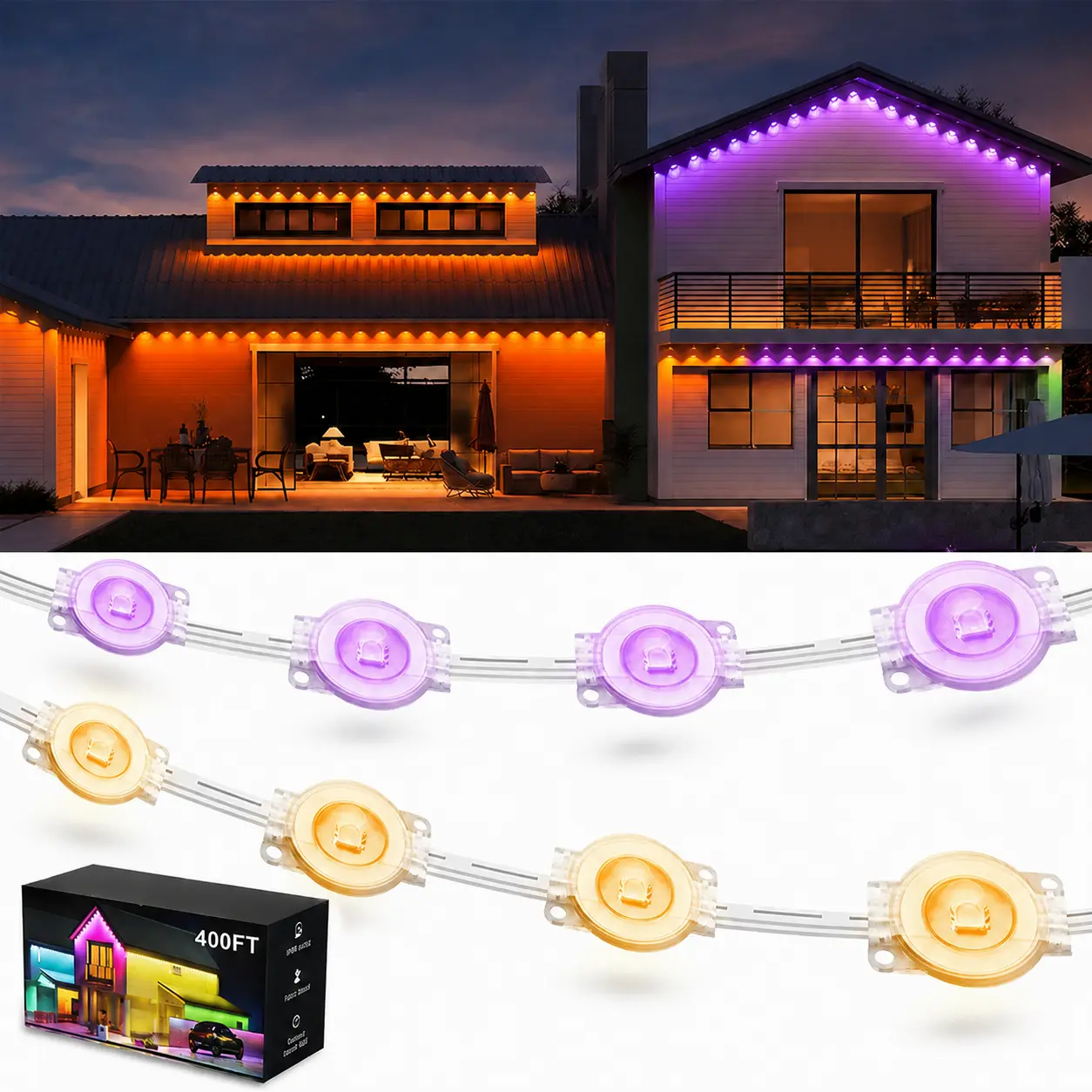 Nexillumi Permanent Outdoor Lights, 100-400FT Smart RGBIC Eave Lights with App & Remote Control, Dynamic Chasing Effects, DIY Scene Modes, Waterproof Roofline LED Lights for Christmas, Halloween, Thanksgiving, Holiday & Everyday Home Decor