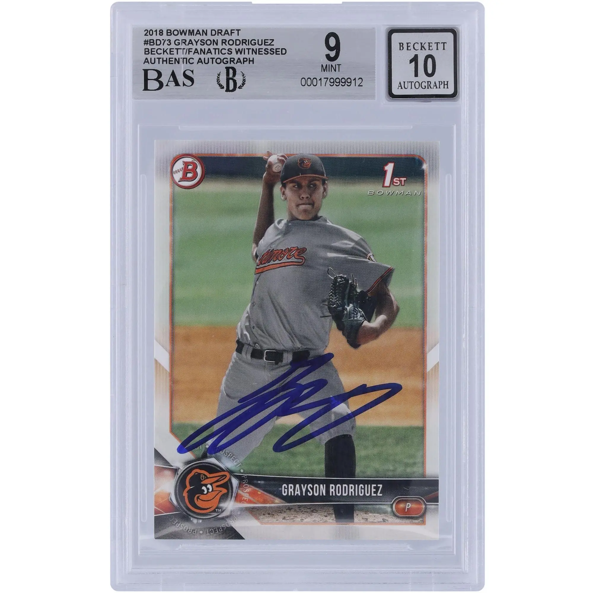 Grayson Rodriguez Baltimore Orioles Autographed 2018 Bowman Draft #BD-73 Beckett Fanatics Witnessed Authenticated 9/10 Card - Fanatics Authentic Certified
