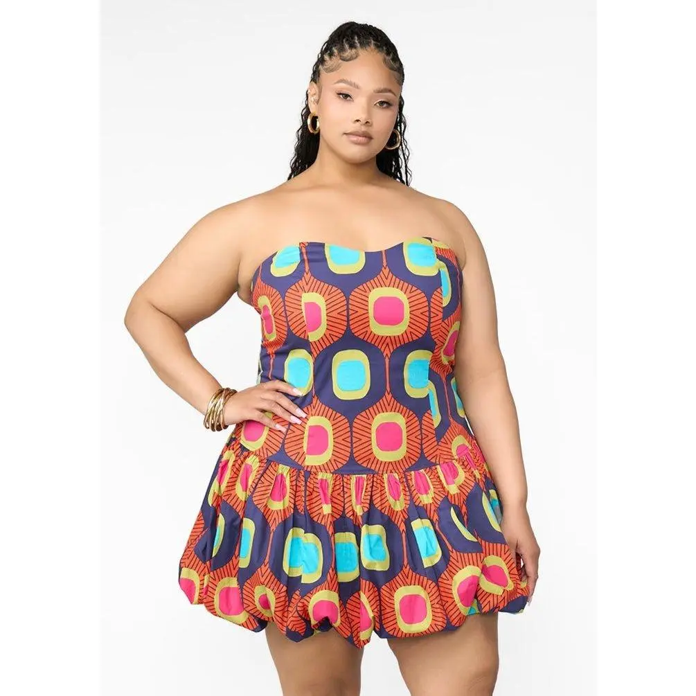 Sani Women's African Print Corset Bubble Hem Mini Dress (Orange Navy Mod) - Clearance