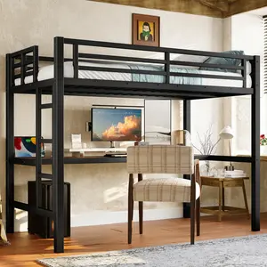Twin Size Metal Loft Bed Frame with Desk, Ladder, LED Lights and Power Outlet, Industrial Look Bedroom Furniture, No Spring Box Needed, Black (for Dorms, Home Office)
