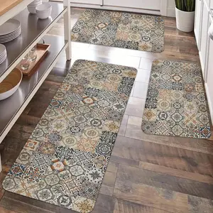 2/3pcs kitchen anti slip floor mat, retro Bohemian floral printed kitchen anti fatigue floor mat, soft flannel anti slip kitchen floor mat, for kitchen, room decoration floor mat, Boho Floral Rug, Bohemian Style Rugs, Kitchen Rugs Sets