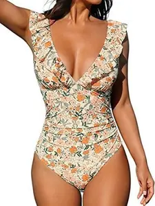 CUPSHE Women's Ruffled One Piece Swimsuit V Neck Lace Up Floral Print Bathing Suit for Women