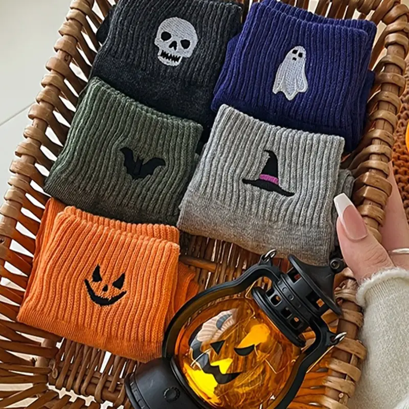 Women's Halloween Cartoon Pattern Socks, 5 Pairs Casual Fitted Mid-Calf Socks, Thick Fabric for Fall & Winter Daily Wear, Sock Set