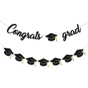 Graduation Decorations Class of 2026 Party Supplies - Congrats Grad Banner and Graduation Cap Banner (Pre-Strung)