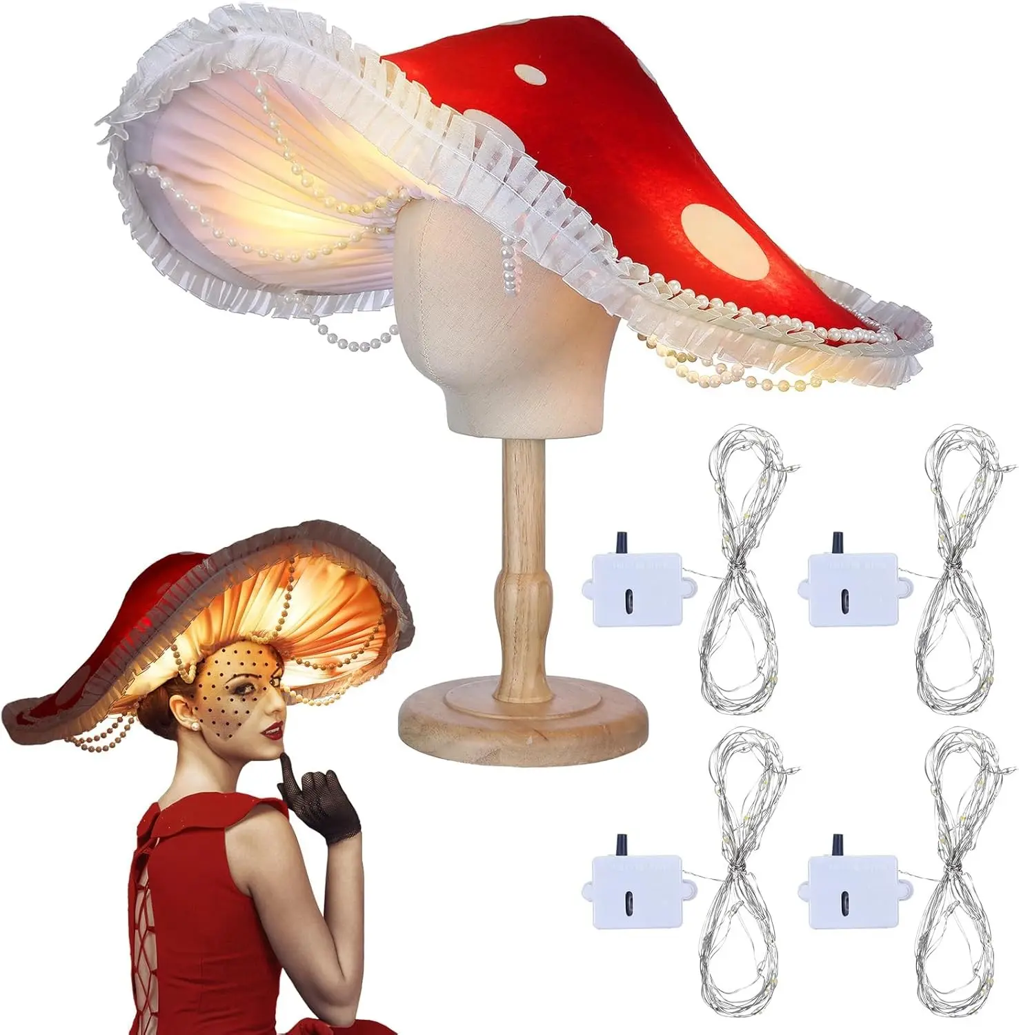 LED Light up Mushroom Hat for Adults Women Cosplay Costume | with 10 Lights, Halloween Oversized Witch Cap, Gifts, Fairy Renaissance Wonderland Party Accessory