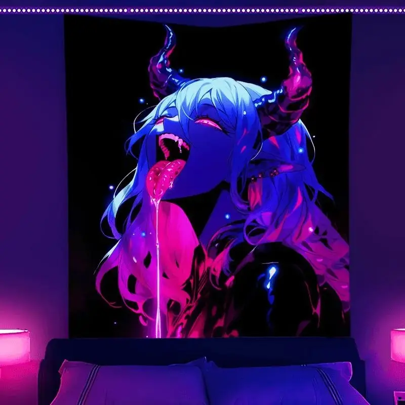 Dark Anime Demon Tapestry, Neon Pink Blacklight Style Printed Polyester Wall Hanging, Mysterious Bedroom Dorm Party Room Decor