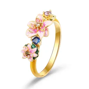 Jeulia "Tenderness in The Pond" Water Lilies Inspired Enamel Sterling Silver Ring