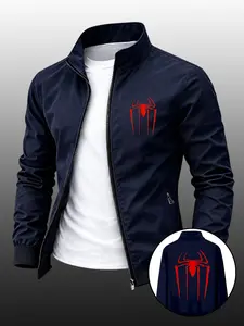 Men's Trendy Spider Print Lapel Sport Jacket, Casual Zipper Outerwear, Durable Business Style, Perfect Gift, Spring & Fall