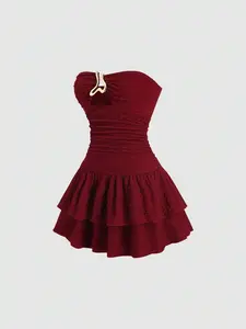 MARANDAS Profile Metal Ornament Jacquard Peplum Midriff Strapless Silhouette Office Commute Baddie Energy