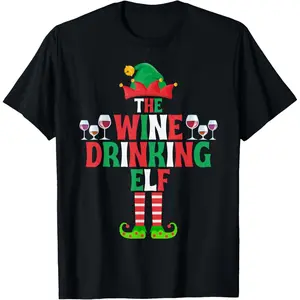 The Wine Drinking Elf, Funny Matching Family Group Christmas T-Shirt, 100% Cotton, Single Side Printed, Black Short Sleeve T-shirt, 1 pc, Christmas Halloween Thanksgiving Gift