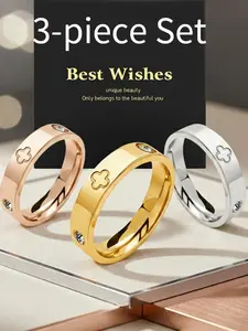 3 Piece Set Stainless Steel Rings, 5mm Wide Band with Rhinestones, Modern Elegant Design, Unisex Casual Jewelry for All Occasions