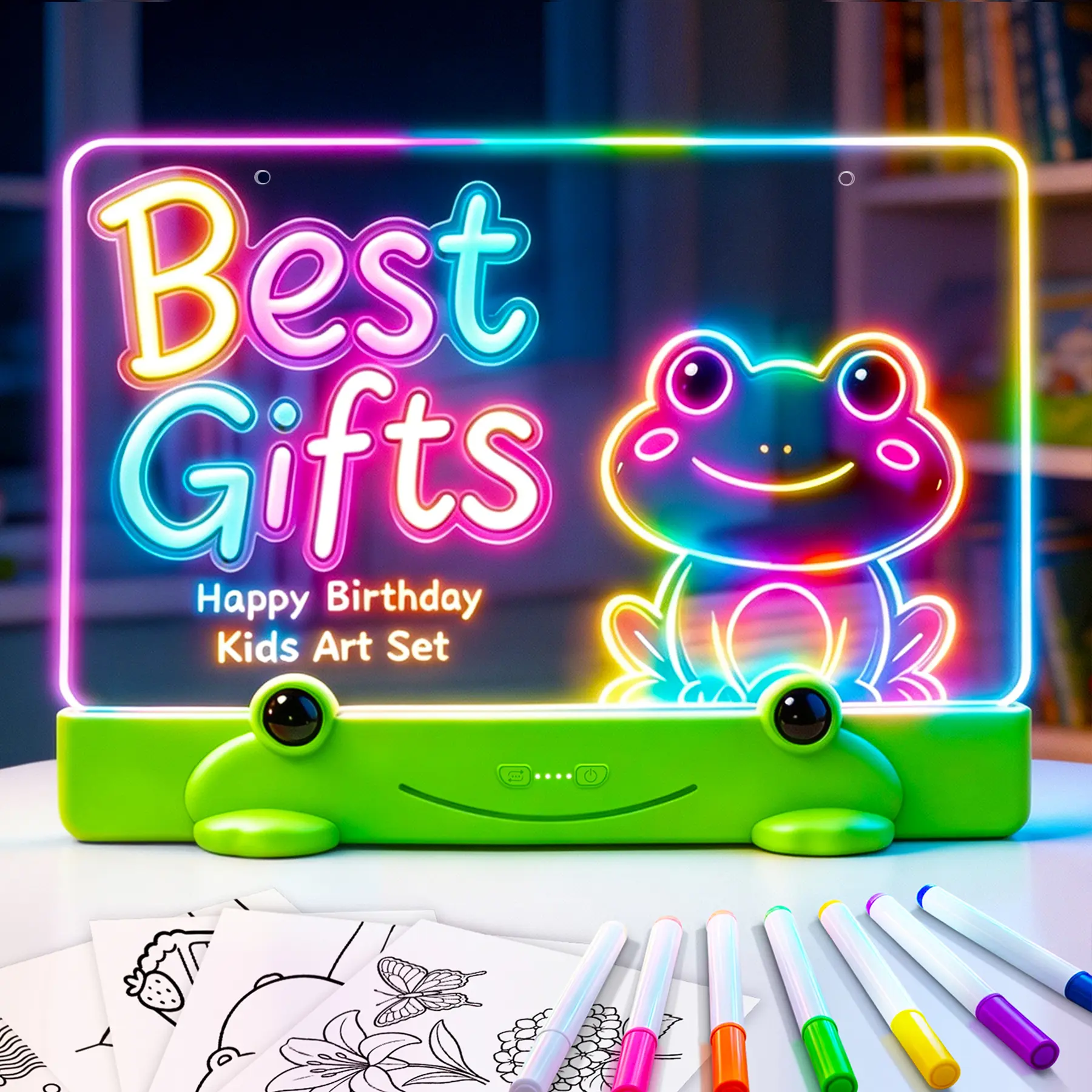 LED drawing board, children’s toy gift (green), rechargeable, multiple lighting effects, adjustable brightness levels, dry-erase whiteboard, DIY, creative gift idea for Easter, birthdays, and Christmas parties