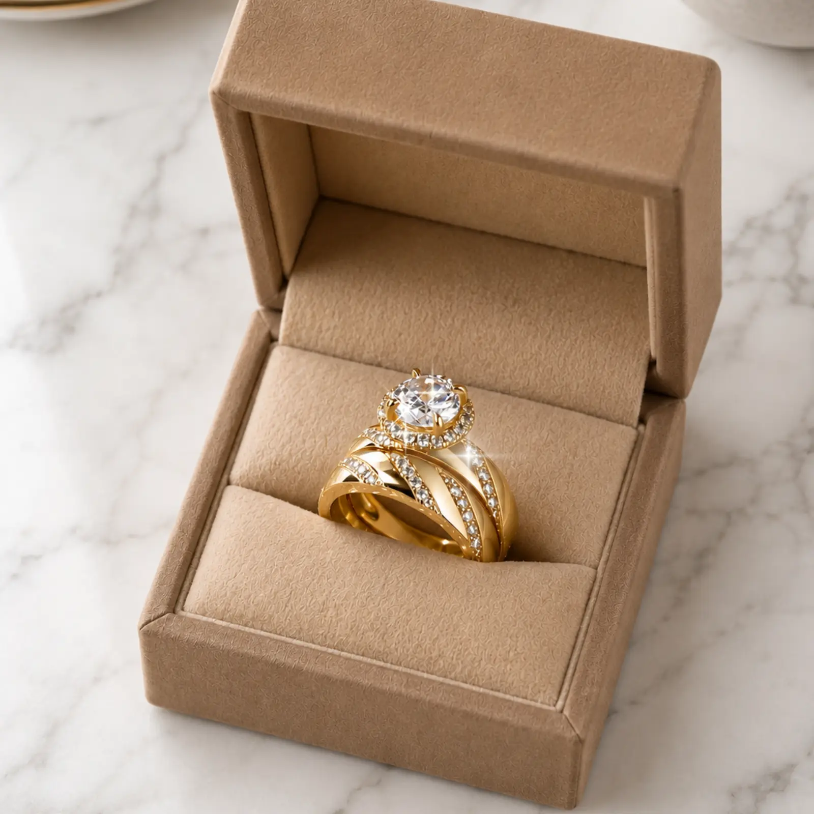 Set of 2 gold-plated rings for women, set with Zirconia stones, suitable for everyday wear and as engagement rings. Gift. Box not included.