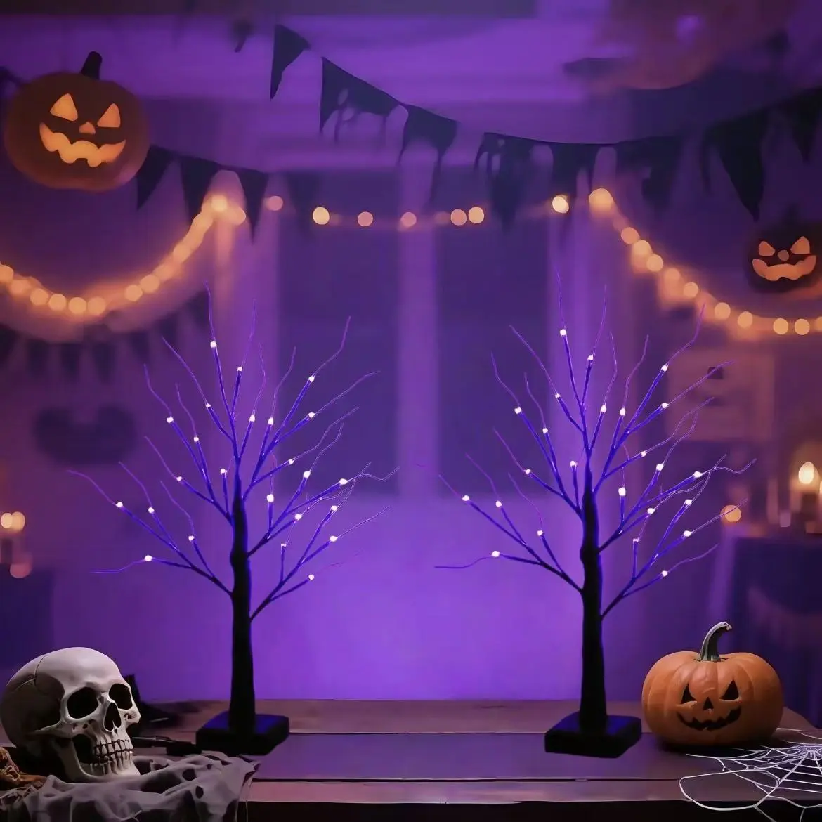 Halloween Tree Lights 2-Piece Set - 24in, 24 LEDs, Spooky Orange & Purple Light, Black Trunk with Winding Branches, USB+Battery (Batteries Included) Flexible Power Options, Haunted House Indoor Decor for Fireplaces