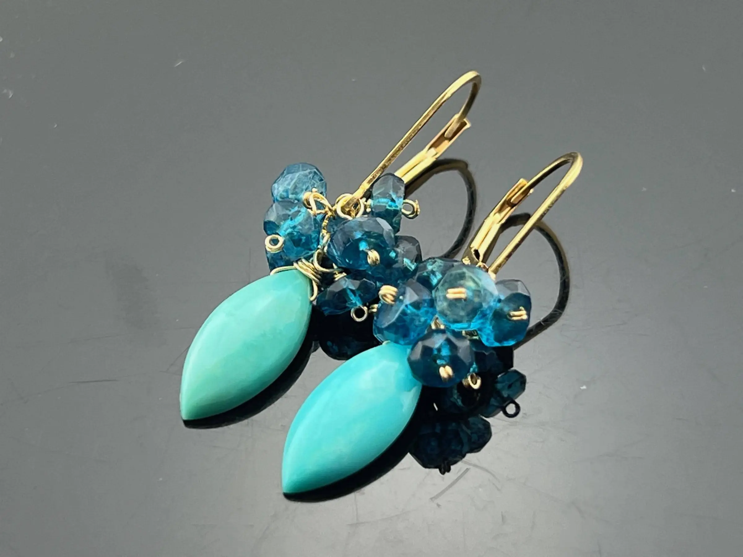 Genuine Arizona Turquoise & London Blue Topaz 14K Gold Filled Leverback Cluster Earrings