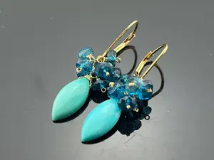 Genuine Arizona Turquoise & London Blue Topaz 14K Gold Filled Leverback Cluster Earrings