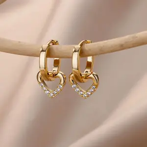 Zircon Heart Dangle Earrings For Women Girls Gold Color Stainless Steel Round Earrings Couple Luxury Jewelry Party Gift