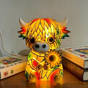 1PC Vintage Painted Highland Cow Night Light, Sunflower Cute Cow Ornament Lamp, Home Atmosphere Decor Light, Decorative Lighting, Birthday Gift