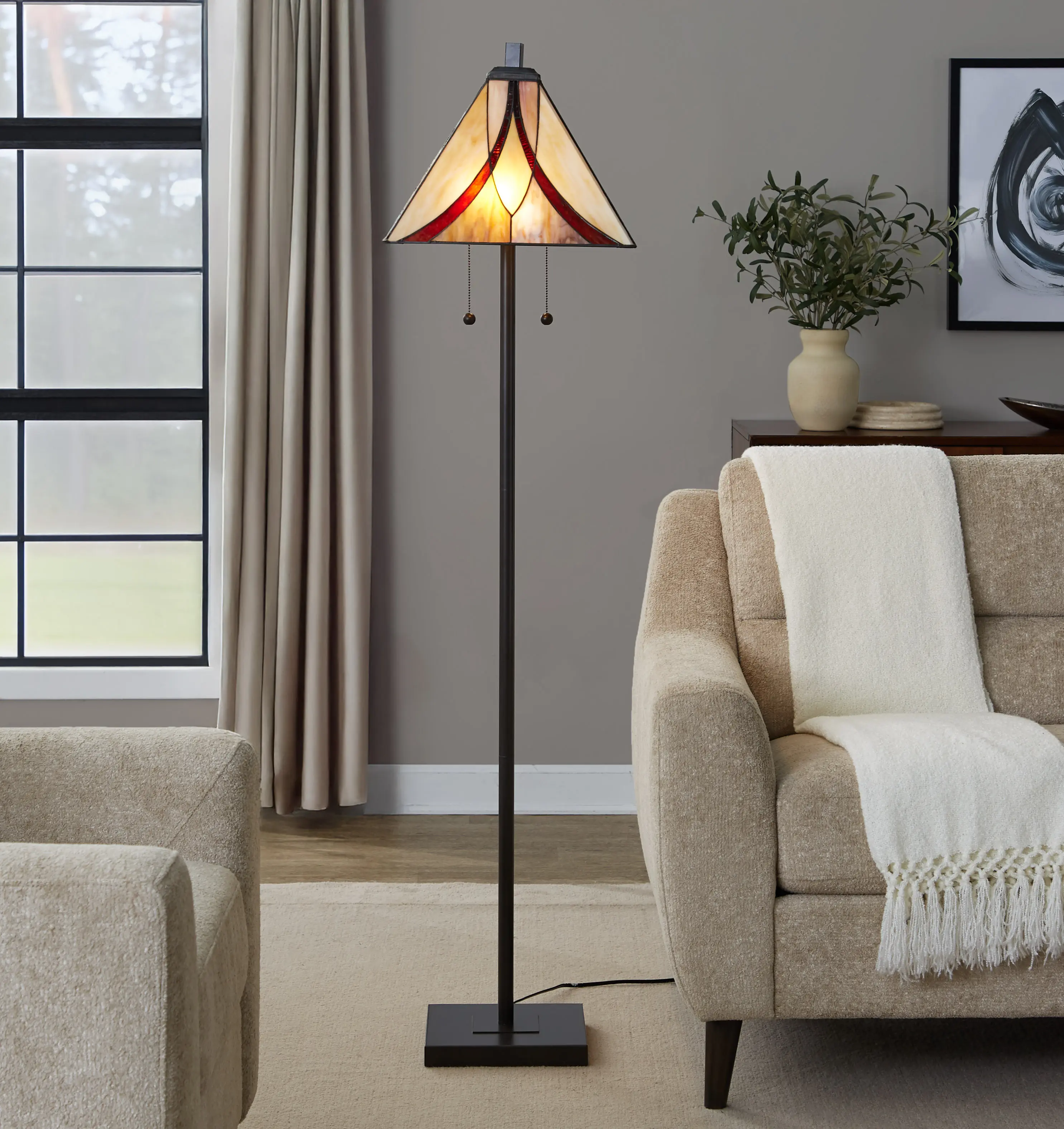 Oil Rubbed Bronze Floor Lamp with Brown and Cream Glass Shade, 63 Inches Tall