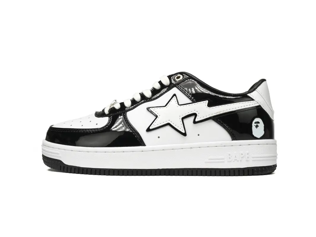 Two Tone Black White Gloss Patent Leather Low Top Platform Skate Sneakers, Contrast White Stitched Star Graphic White Cushioned Midsole Black Rubber Outsole Unisex Street Hip Hop Daily Walking Trainers