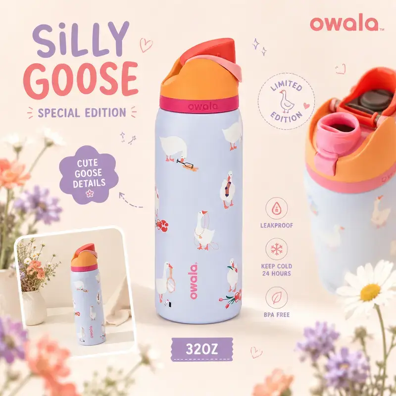 Owala UO Exclusive Silly Goose 32 oz FreeSip Water Bottle, Vacuum Insulated Stainless Steel Bottle with Straw Lid, Reusable Drinkware for Daily Hydration