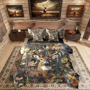Hunting Deer Bedding Set for Men Deer Camo Comforter Set with Sheets Full Size Camo Animal Bed Sets Rural Rustic Bed in A Bag with Comforter,Sheets,Pillowcases & Cushion Covers
