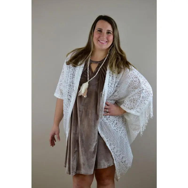 Honey Punch White Lace Fringe Kimono Boho Lace Cover Up Cardigan