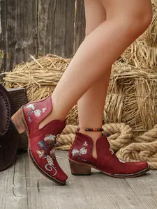 Women's Fashion Retro Boots, Casual Western Style, Perfect for Daily Wear, Pointed Toe, Ethnic Pattern, PU Leather, All Seasons