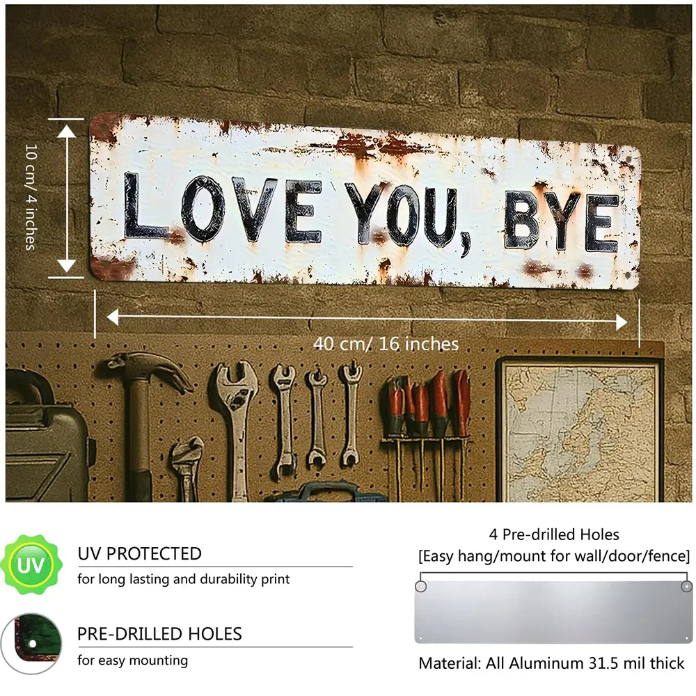 4x16in Waterproof Rustic Aluminum Street Sign - "Love You Bye" Distressed Look Rust Splatter, Lightweight Vintage Retro Plaque, Casual Daily Adult Bedroom Wall Decor, Industrial Couple Gift
