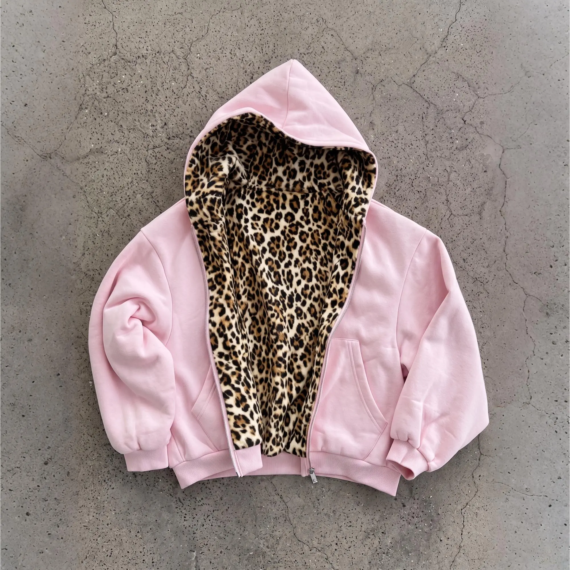 Men’s reversible leopard-print hooded jacket for autumn/winter, American vintage loose fit, can wear inside out, cotton zip-up sweatshirt