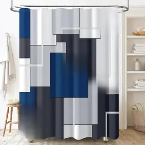 [New Deal] Navy Blue Fabric Shower Curtain - Geometric Pattern Water Repellent Shower Curtain Set, Machine Washable, Modern Decorative Polyester Cloth Shower Curtains for Bathroom - 72x72