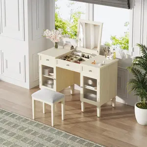 (High end and high-quality)2-in-1 Vanity Desk with Flip-Top Mirror, Dressing Table Set with Drawer & Cabinet, Multi-Functional Computer Writing Desk for Study, Dressing Room, Bedroom, Living Room, White Oak