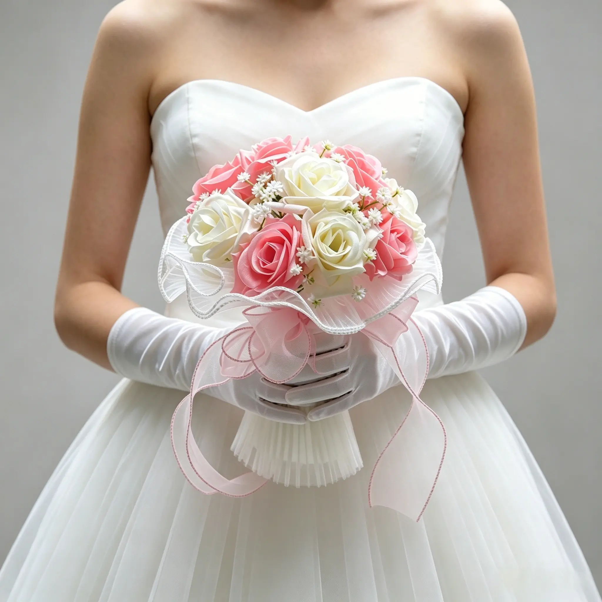 Pink White Silk Rose Bridal Bouquet, Artificial Handheld Flower with Ribbon for Wedding, Bridesmaid, Proposal, Photo Shoot & Home Decoration
