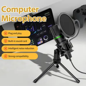 USB 3.5mm AUX Wired Condenser Microphone For PC Laptop Computer Professional Gaming Holder Accessories Kit Gamer Sound Live Streaming Podcast RGB light recording live broadcast video song